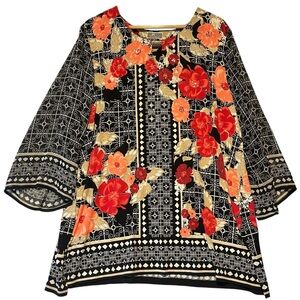 JM Collection Women's‎ 3X Black and Tan Artistic Floral Pattern Blouse Chic Bold